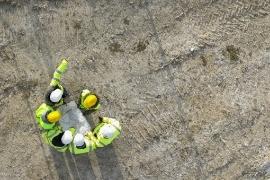Dirty Construction Site with Workers. Scrubber Sweeper Service. Dirty Construction Site with Workers. Scrubber Sweeper Service.