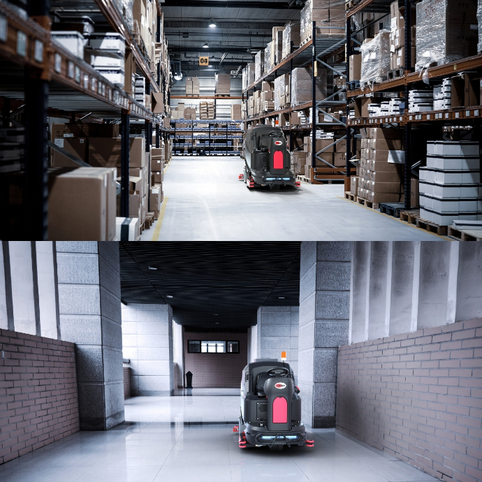 Viper AS1050R Ride On Scrubber Dryer in warehouse and university hallway