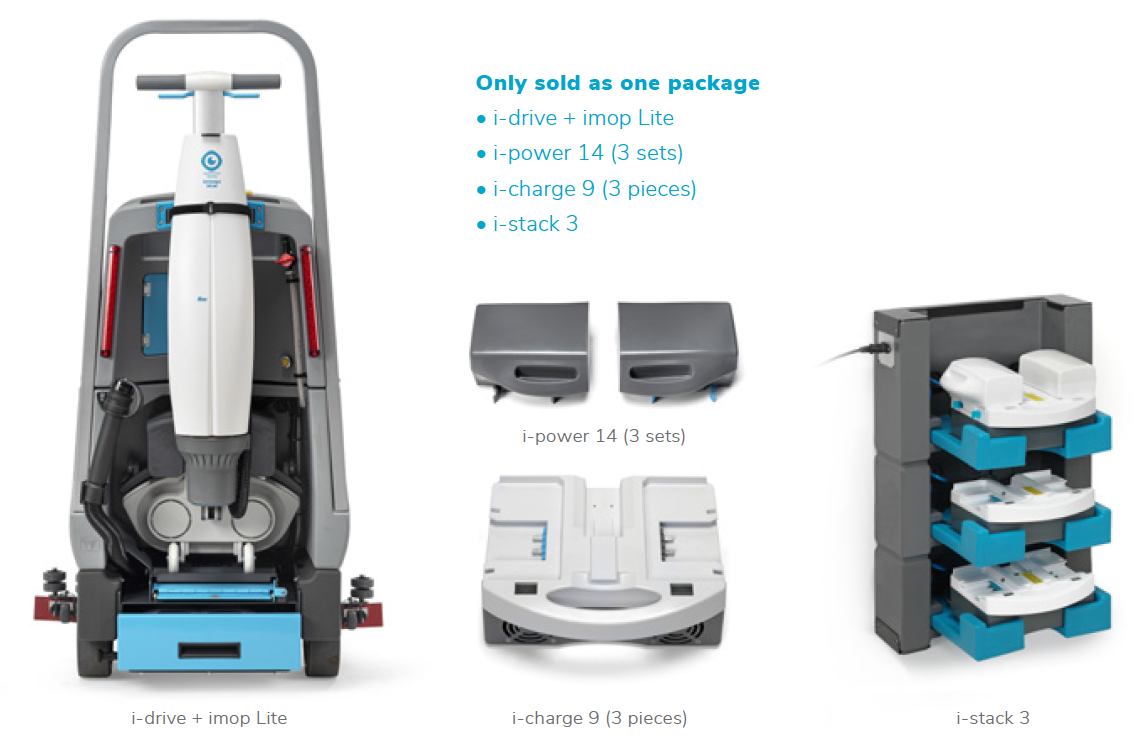 i-drive list of inclusions: i-mop lite, 3x sets of i-power batteries, 3x superchargers, i-drive scrubber, i-stack