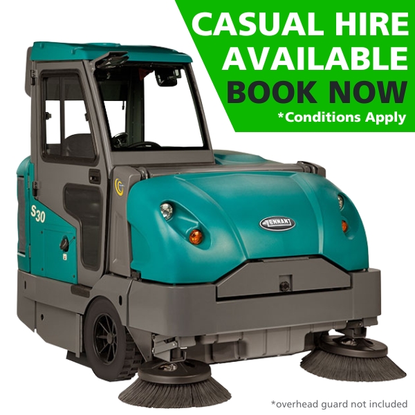 Hire Tennant S30 Industrial Ride-On Sweeper, Available in LPG or Diesel.